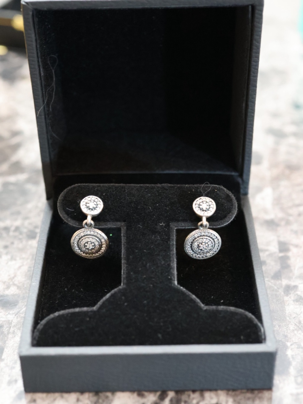 Pandora Silver Double Disc Drop Earrings with White CZ